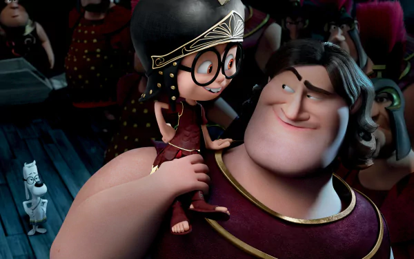 4K Ultra HD PC desktop wallpaper and background from the movie Mr. Peabody & Sherman: Sherman in a helmet and glasses perches on a smiling armored man's shoulder amid a crowded, dimly lit scene.