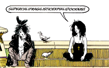Comic HD PC desktop wallpaper of The Sandman: two disheveled characters sit on a bench with seagulls; one exclaims Supercalifragilisticexpialidocious!