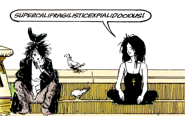 Comic HD PC desktop wallpaper of The Sandman: two disheveled characters sit on a bench with seagulls; one exclaims Supercalifragilisticexpialidocious!
