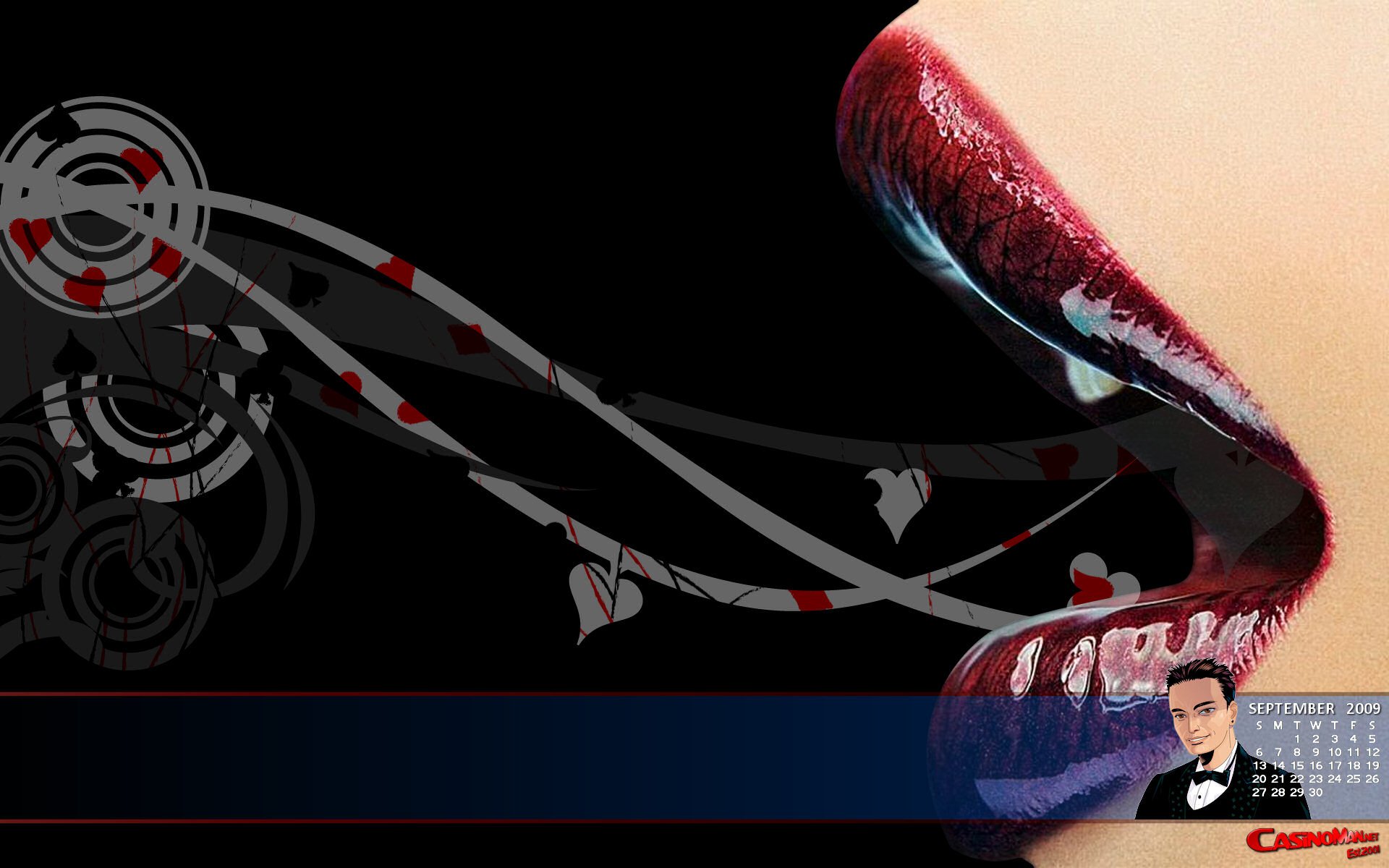 Man-made HD PC desktop wallpaper and background: glossy red lips exhaling stylized swooshes and hearts across a dark backdrop.