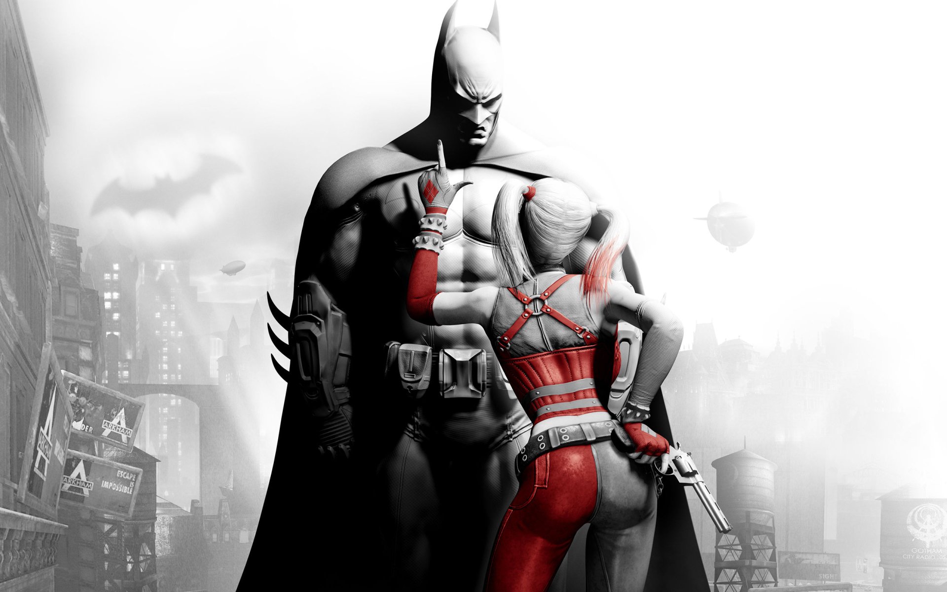 HD PC desktop wallpaper and background from the video game Batman: Arkham City, showing Batman standing stoic while Harley Quinn, with red accents, leans against him in monochrome Gotham.