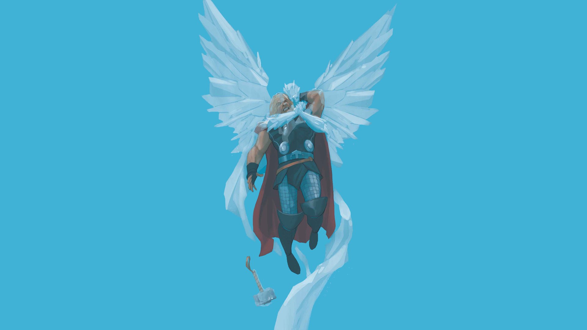 Astonishing X-Men comic-style HD PC desktop wallpaper of Thor ascending with glowing icy wings, red cape and Mjolnir trailing against a clear blue background.