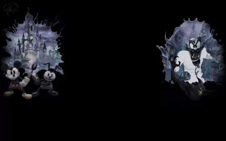 HD PC desktop wallpaper for the video game Epic Mickey 2: The Power of Two — two Mickeys stand amid a dark, paint-splattered landscape with a looming castle and shadowy figures.