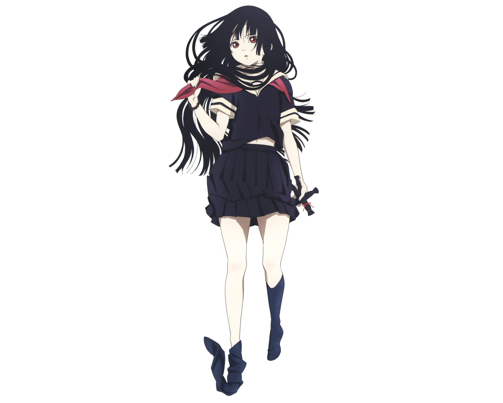 Full-body anime of Hell Girl in a black sailor uniform with a red scarf and long dark hair on a white background — 4K Ultra HD PC desktop wallpaper/background.