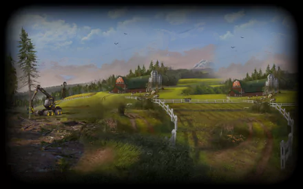 HD PC desktop wallpaper from the video game Farming Simulator 15: panoramic rural scene with tractors and a pumpjack, rolling green fields, white fences, barns and silos.