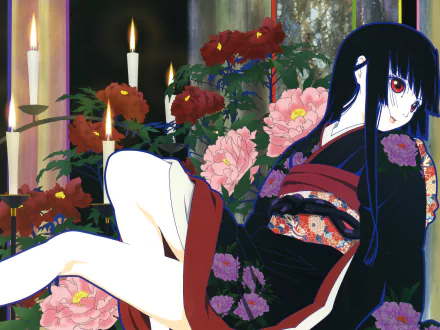 Anime Hell Girl 4K Ultra HD PC desktop wallpaper/background: pale, long‑haired girl in dark kimono reclining among candles and red and pink flowers.