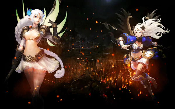 HD PC desktop wallpaper for the video game Echo of Soul: two white‑haired, winged female warriors in ornate armor amid glowing embers and a dark battlefield.