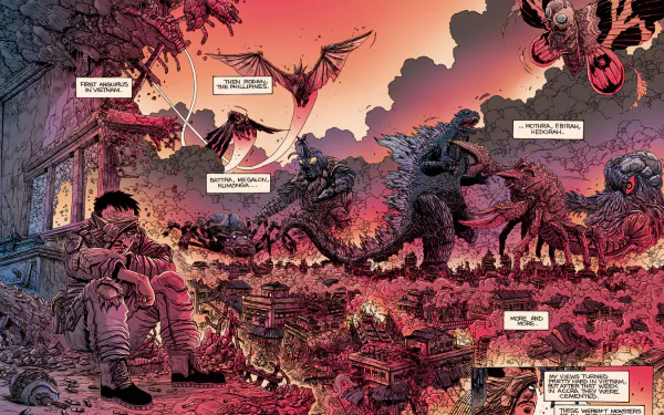 HD PC desktop wallpaper featuring a dramatic comic scene from Godzilla: The Half-Century War, showcasing Godzilla amidst fiery destruction and intense battle.