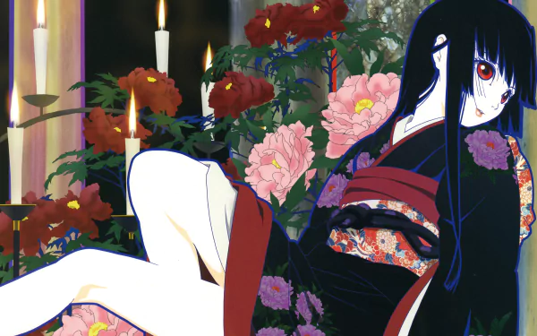 Anime Hell Girl 4K Ultra HD PC desktop wallpaper/background: pale, long‑haired girl in dark kimono reclining among candles and red and pink flowers.
