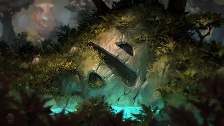 HD desktop wallpaper depicting a mysterious stone structure surrounded by lush foliage, inspired by the video game DotA 2, featuring an enchanting blend of colors and lighting.