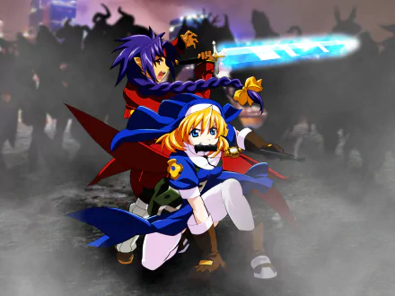 HD PC desktop wallpaper showcasing characters from the anime Chrono Crusade in dynamic, action-ready poses with a dark, smoky background.