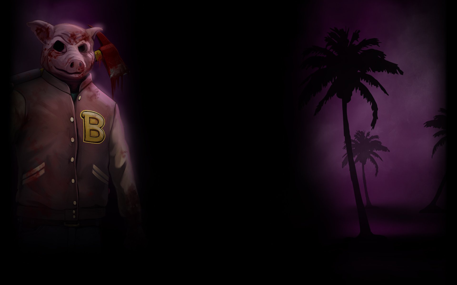 HD PC desktop wallpaper from the video game Hotline Miami: neon purple night, silhouetted palm trees on right, masked pig character in a varsity jacket on left with a black central space.