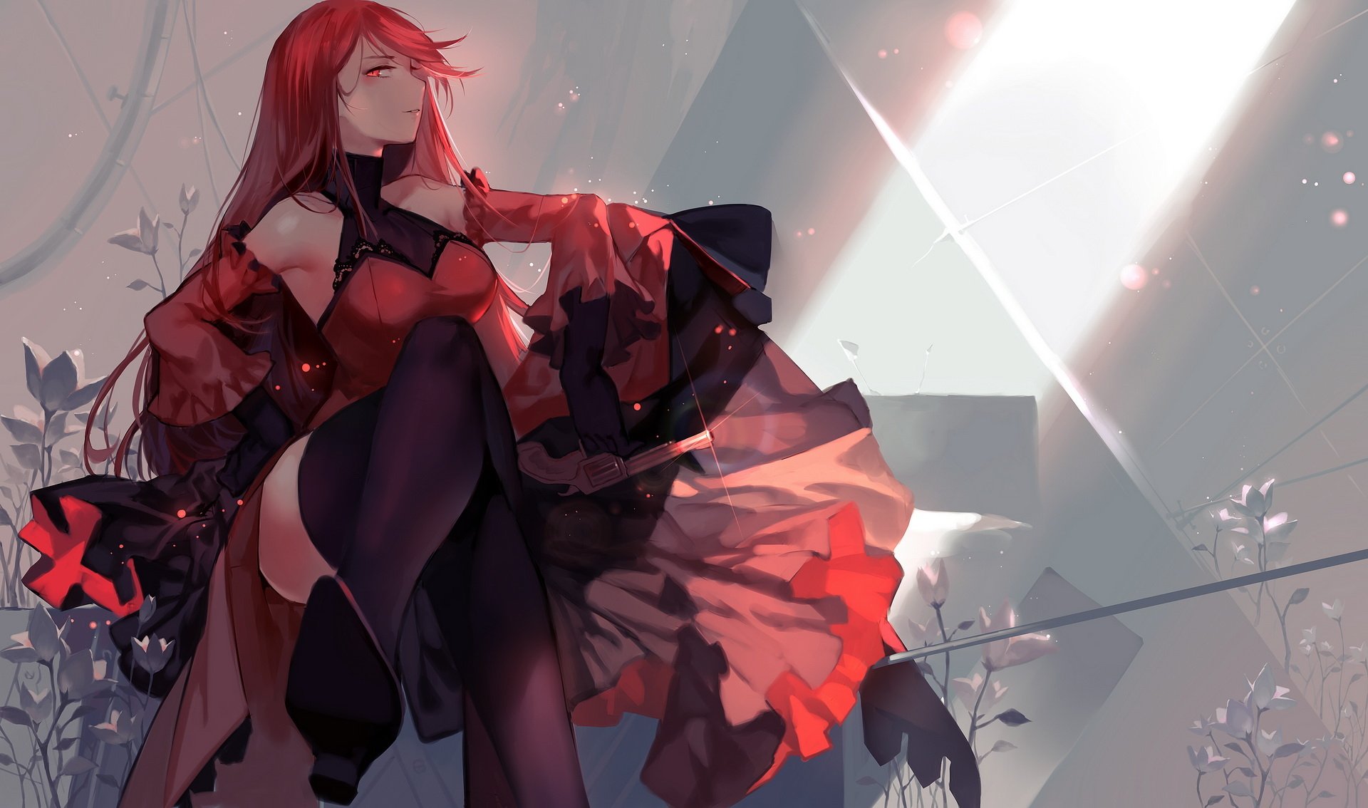 Anime-style artwork from Pixiv Fantasia featuring a red-haired character in dynamic flowing attire, rendered as a vibrant HD PC desktop wallpaper and background.