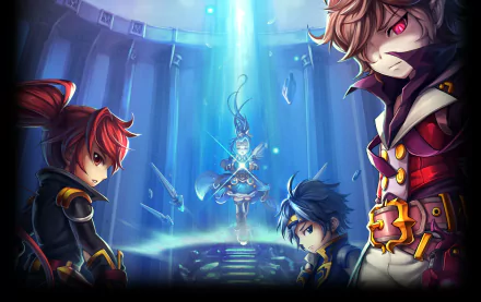 HD desktop wallpaper featuring characters from the video game Grand Chase, showcasing a dynamic scene with heroes poised around a central figure illuminated by light.