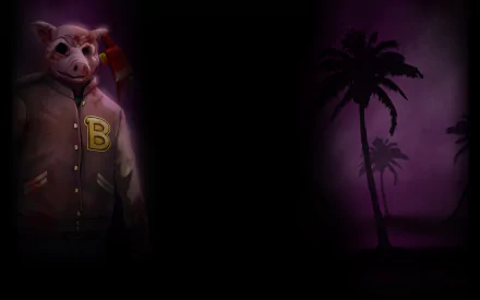 HD PC desktop wallpaper from the video game Hotline Miami: neon purple night, silhouetted palm trees on right, masked pig character in a varsity jacket on left with a black central space.