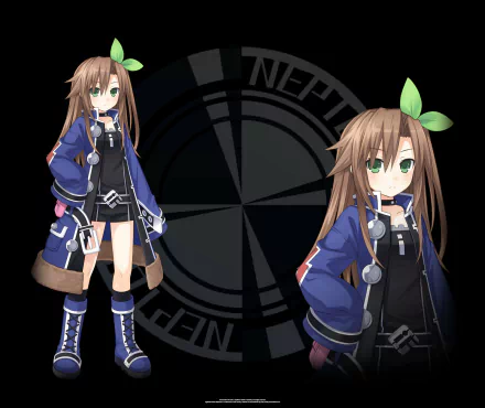 HD PC desktop wallpaper featuring a character from the video game Hyperdimension Neptunia Re;Birth1 with green eyes, brown hair, and a blue jacket against a dark background.