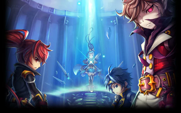 HD desktop wallpaper featuring characters from the video game Grand Chase, showcasing a dynamic scene with heroes poised around a central figure illuminated by light.