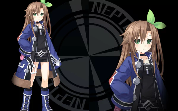 HD PC desktop wallpaper featuring a character from the video game Hyperdimension Neptunia Re;Birth1 with green eyes, brown hair, and a blue jacket against a dark background.