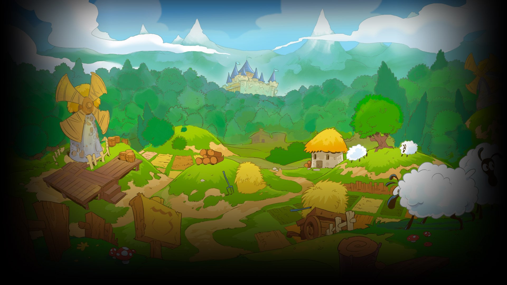 Kingdom Rush video game HD PC desktop wallpaper/background: colorful cartoon countryside with a distant castle on a hill, guardian statue, thatched cottages, winding paths and grazing sheep.