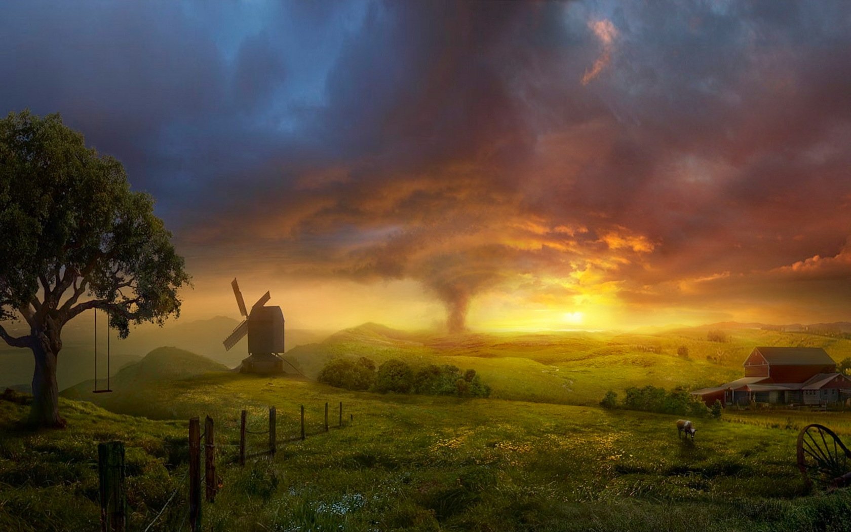 A serene landscape features a windmill amidst rolling hills under a dramatic sunset sky, showcasing the beauty of nature in an artistic HD wallpaper.