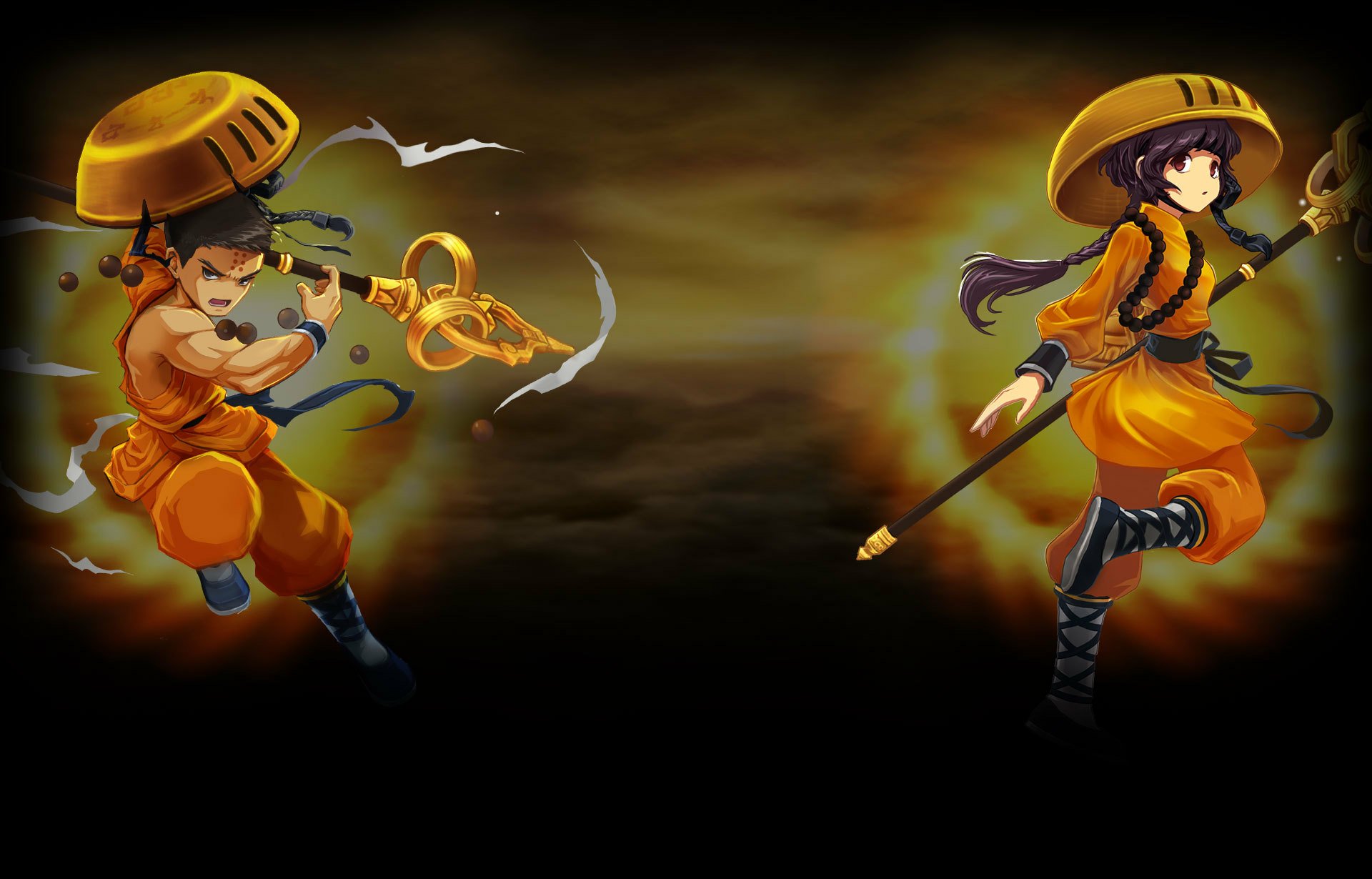 HD PC desktop wallpaper from the video game Lost Saga North America showing two stylized martial artists in orange robes facing off against a smoky, dark background.