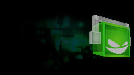 HD PC desktop wallpaper for the video game Inside My Radio, dark abstract green-and-black background with a glowing translucent green cube on the right showing a stylized white smiling face.