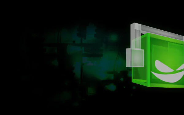 HD PC desktop wallpaper for the video game Inside My Radio, dark abstract green-and-black background with a glowing translucent green cube on the right showing a stylized white smiling face.
