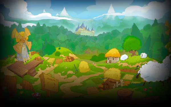 Kingdom Rush video game HD PC desktop wallpaper/background: colorful cartoon countryside with a distant castle on a hill, guardian statue, thatched cottages, winding paths and grazing sheep.