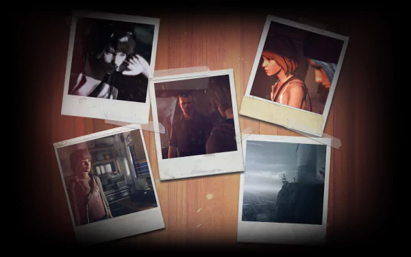A collage of polaroid-style images featuring scenes and characters from the video game Life Is Strange, set against a wooden background, creating an engaging HD desktop wallpaper.