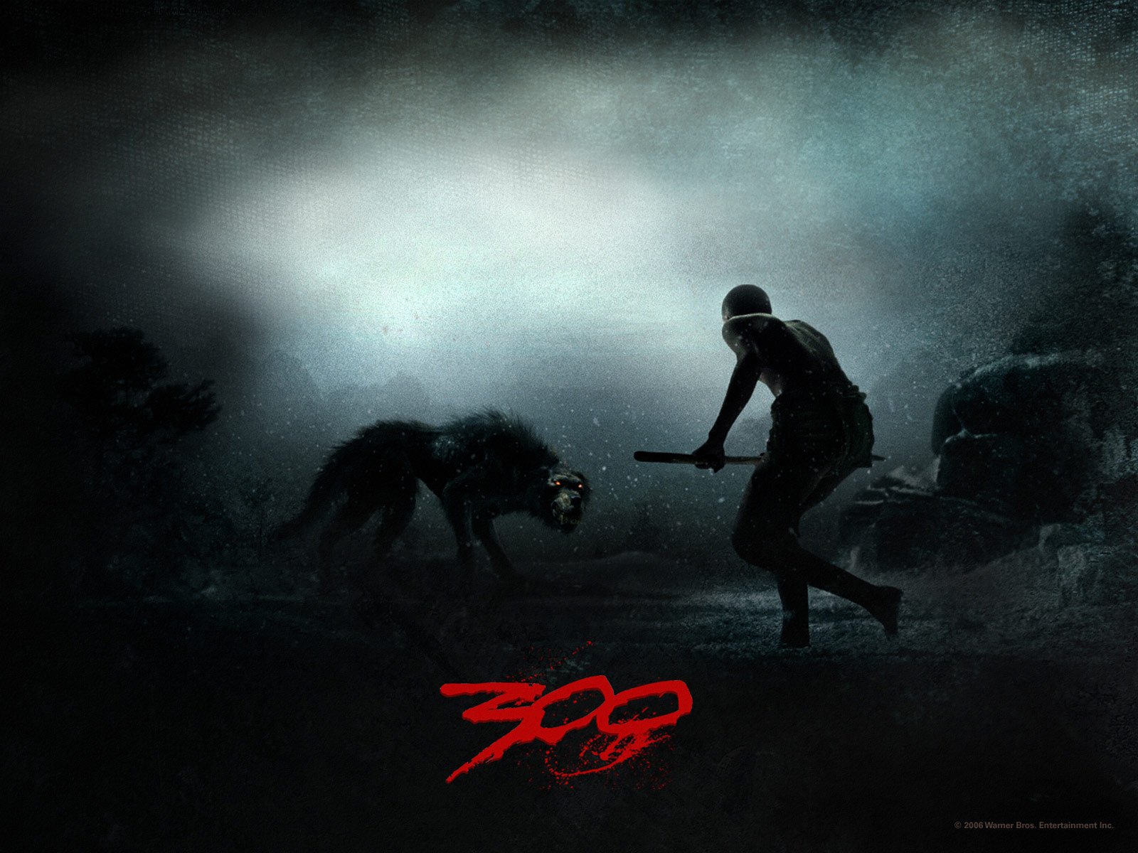 HD PC desktop wallpaper featuring a dark, intense scene from the movie 300, showing a lone warrior facing a menacing wolf under a gloomy sky.