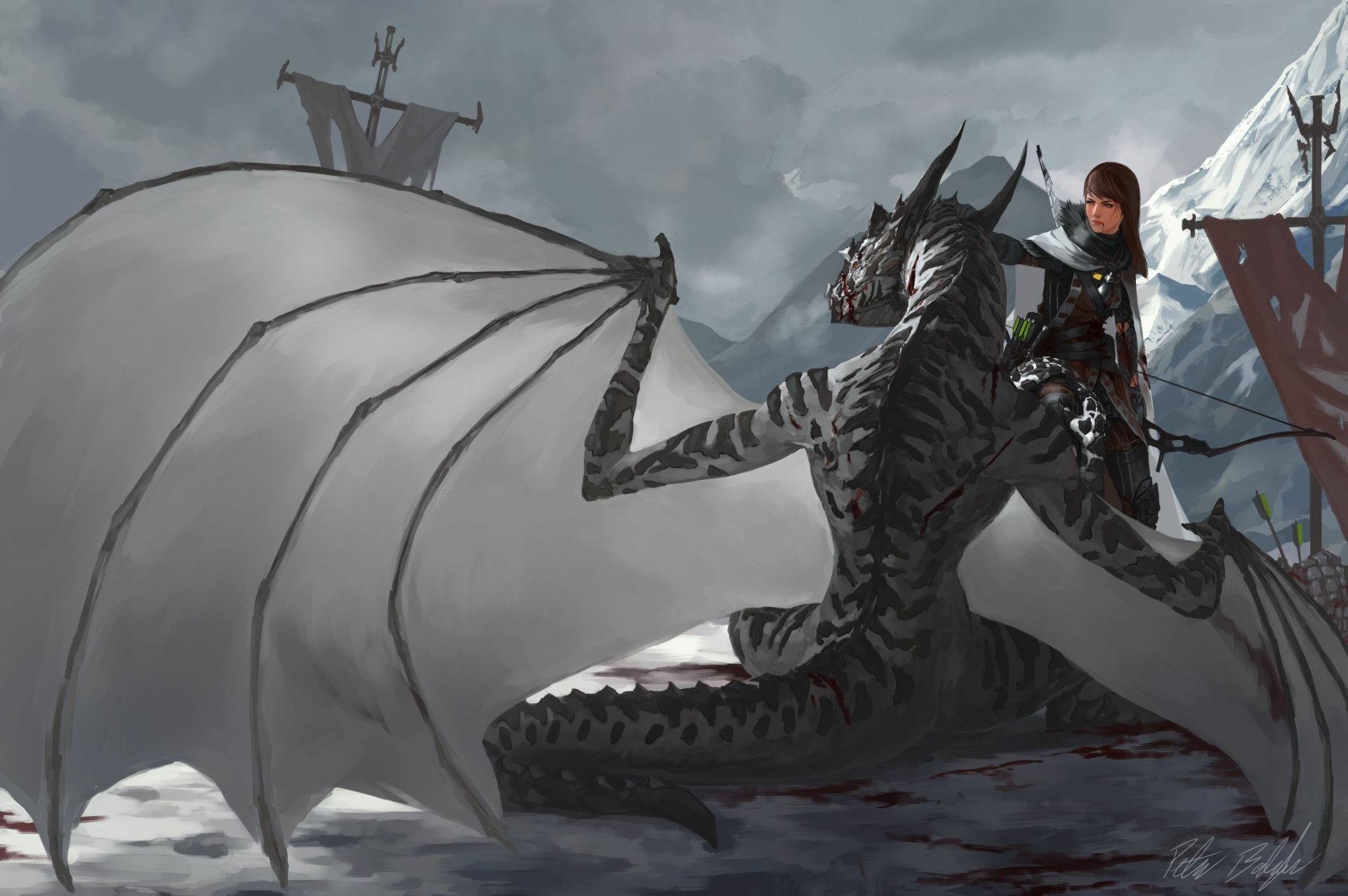 Fantasy-themed HD PC desktop wallpaper depicting a warrior standing beside a large, dark dragon with expansive wings against a stormy, dramatic sky.