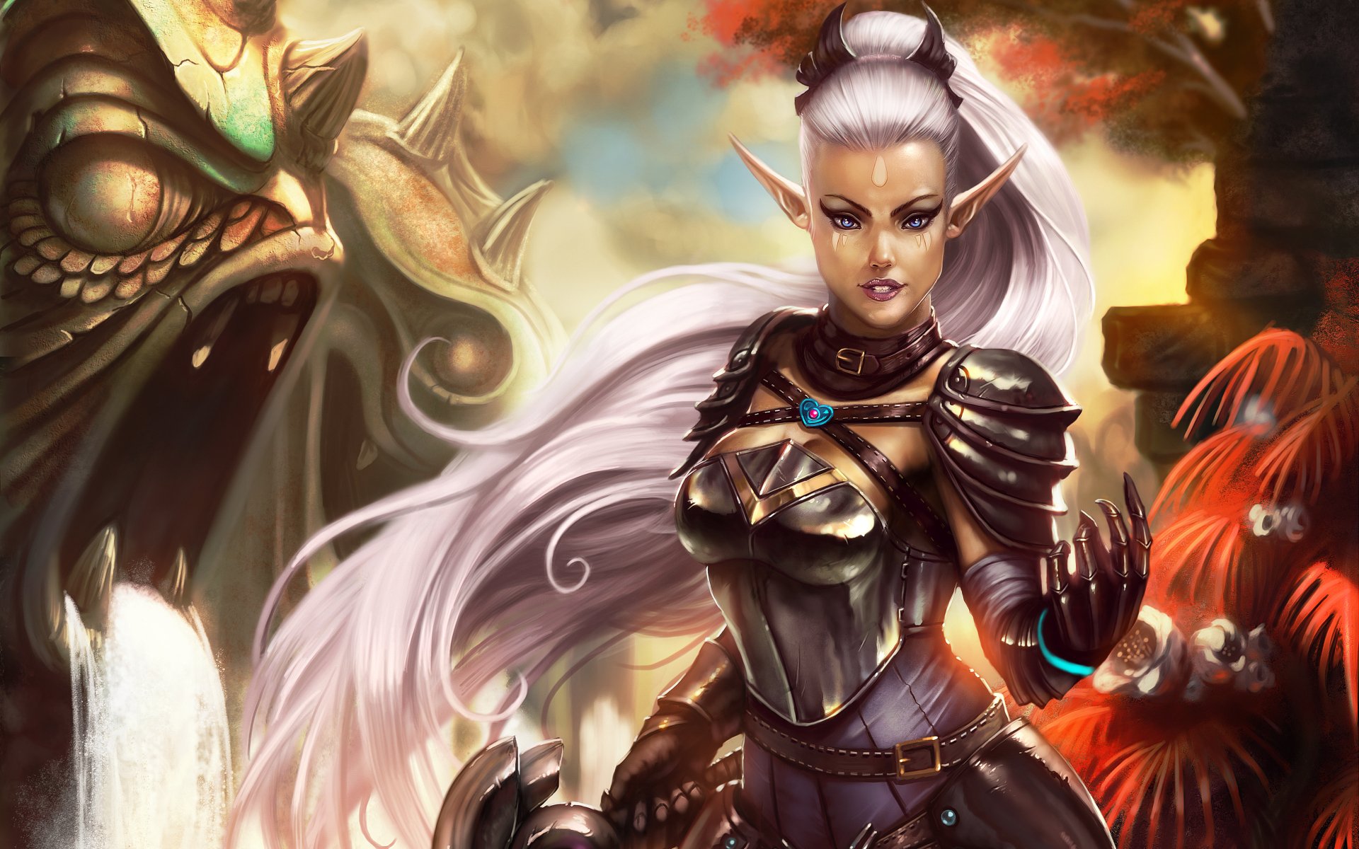 A fierce elf warrior in detailed armor stands ready in a vivid fantasy scene, captured in stunning 4K Ultra HD PC desktop wallpaper quality.