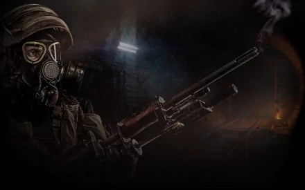 HD PC desktop wallpaper and background from Metro Last Light Redux — video game scene of a hooded soldier in a gas mask aiming a rifle in a dark, smoky subway tunnel.