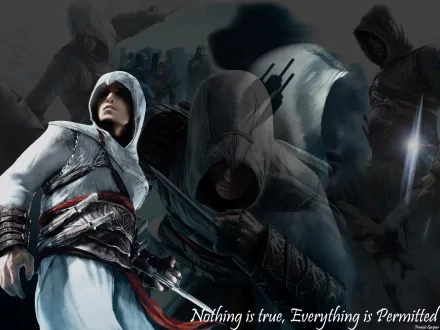 HD desktop wallpaper featuring characters from the video game Assassin's Creed, showcasing an assassin in white hooded robes with various action scenes in a dark, intense background.