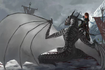 Fantasy-themed HD PC desktop wallpaper depicting a warrior standing beside a large, dark dragon with expansive wings against a stormy, dramatic sky.