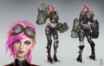 V.I. from League of Legends features in this HD PC desktop wallpaper, showcasing her unique design with striking pink hair and a powerful mechanical arm, set against a minimalist background.