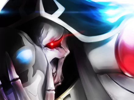 HD desktop wallpaper featuring Ainz Ooal Gown from the anime Overlord, showcasing his skeletal face and glowing red eyes.