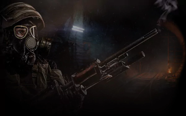 HD PC desktop wallpaper and background from Metro Last Light Redux — video game scene of a hooded soldier in a gas mask aiming a rifle in a dark, smoky subway tunnel.