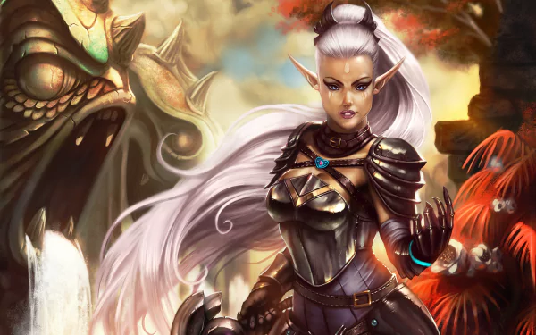 A fierce elf warrior in detailed armor stands ready in a vivid fantasy scene, captured in stunning 4K Ultra HD PC desktop wallpaper quality.