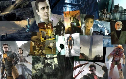 A vibrant collage featuring Gordon Freeman, Alyx Vance, and G-Man from Half-Life and Half-Life 2, combining iconic moments and characters from the beloved video game series.