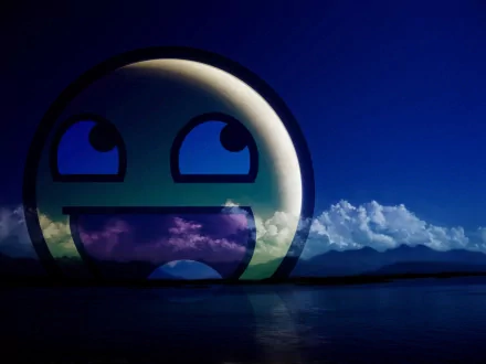 A whimsical HD desktop wallpaper featuring a large, funny smiley face against a serene blue sky with fluffy clouds, creating a cheerful and vibrant atmosphere.