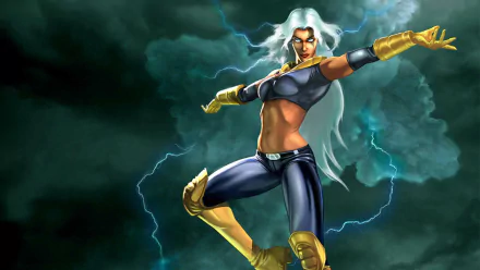HD PC desktop wallpaper featuring Marvel Comics' Storm from the video game X-Men: Legends, poised in a dynamic lightning-filled background.