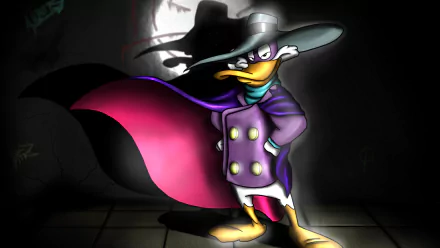 HD PC desktop wallpaper featuring Disney's Darkwing Duck from the video game, depicted in a dramatic pose with his cape and shadow against a dark background.