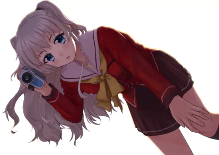 Nao Tomori from the anime Charlotte is captured in this HD wallpaper, leaning slightly while holding a camcorder, dressed in a red school uniform with a yellow bow.