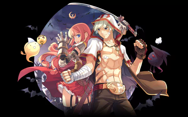 HD PC desktop wallpaper featuring characters from the video game Ragnarok, showcasing a dynamic duo against a dark, moonlit background with Halloween-themed elements.