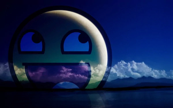 A whimsical HD desktop wallpaper featuring a large, funny smiley face against a serene blue sky with fluffy clouds, creating a cheerful and vibrant atmosphere.