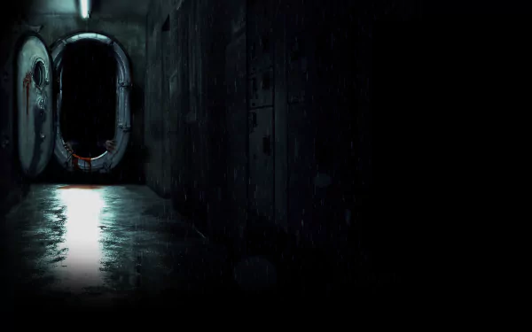A dark corridor from Resident Evil: Revelations, featuring a mysterious door at the end illuminated by stark lighting, creating a suspenseful atmosphere for an HD PC desktop wallpaper.