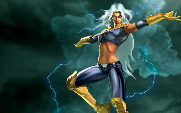 HD PC desktop wallpaper featuring Marvel Comics' Storm from the video game X-Men: Legends, poised in a dynamic lightning-filled background.