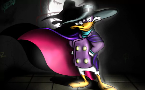 HD PC desktop wallpaper featuring Disney's Darkwing Duck from the video game, depicted in a dramatic pose with his cape and shadow against a dark background.