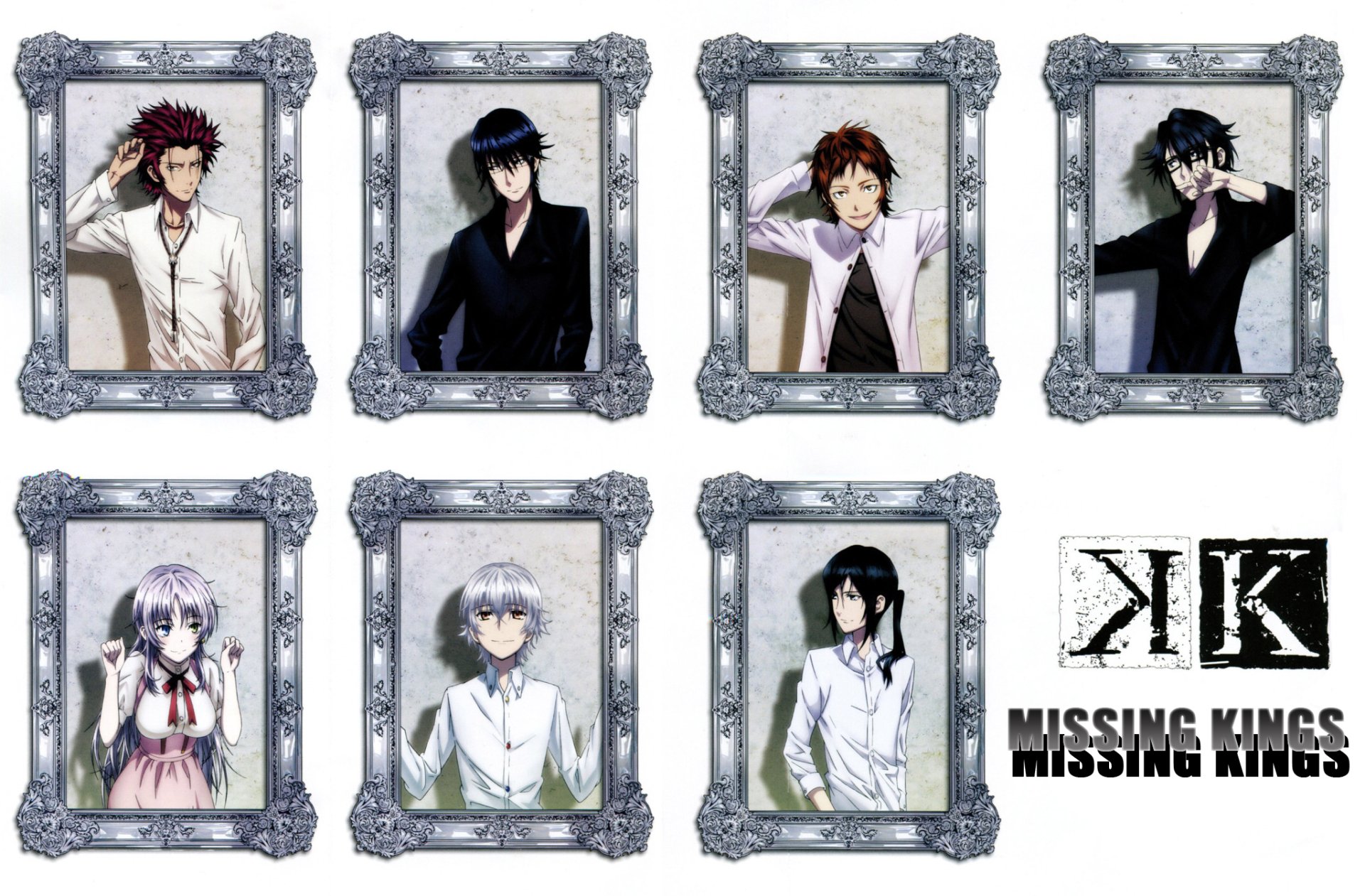 A dynamic HD wallpaper featuring characters from the anime K Project, including Kuroh Yatogami, Yashiro Isana, Neko, Misaki Yata, Saruhiko Fushimi, Reisi Munakata, and Mikoto Suoh.